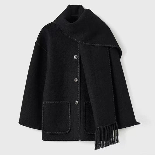 Frakke Dame Varm Kort Oversize med Tørklæde og Kontrastsømme i Uldlook Jakke
