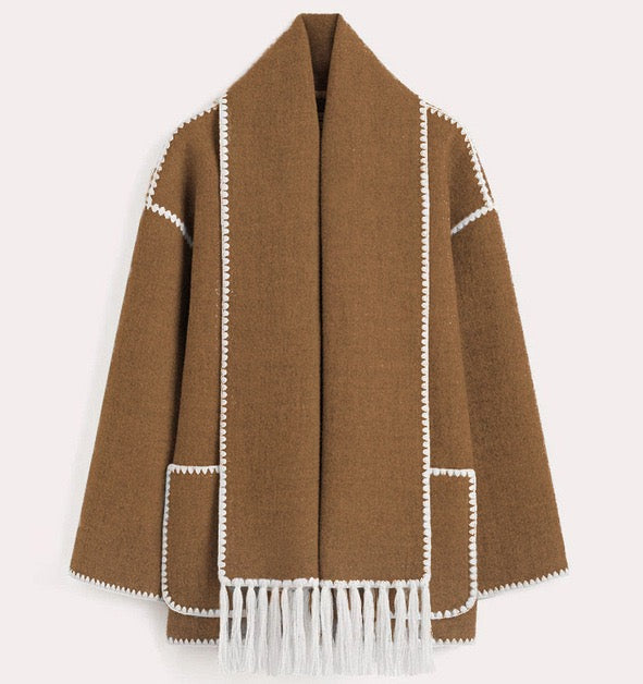 Frakke Dame Varm Kort Oversize med Tørklæde og Kontrastsømme i Uldlook Jakke