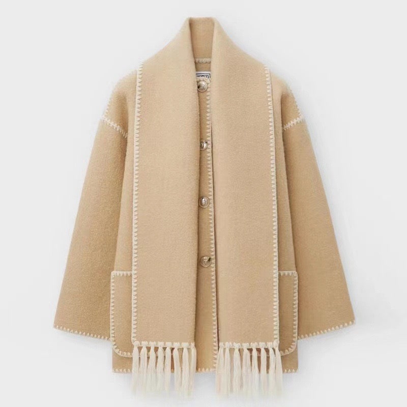 Frakke Dame Varm Kort Oversize med Tørklæde og Kontrastsømme i Uldlook Jakke