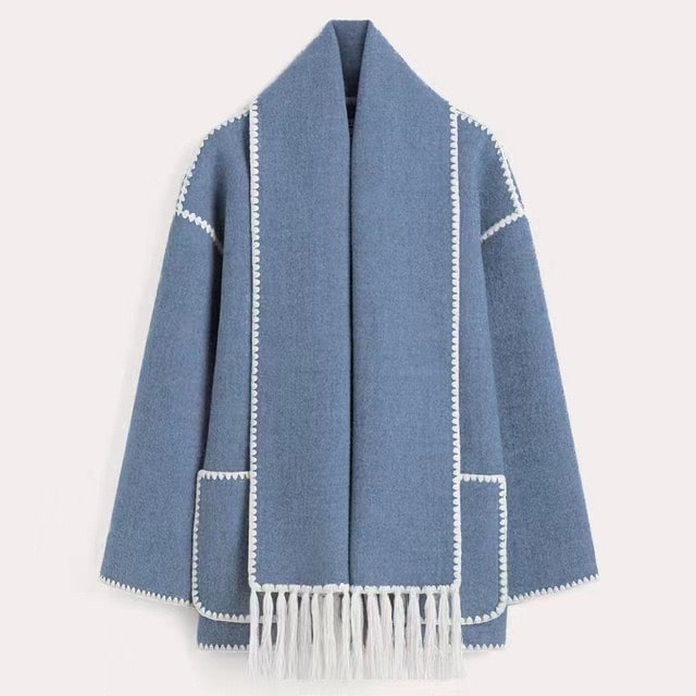 Frakke Dame Varm Kort Oversize med Tørklæde og Kontrastsømme i Uldlook Jakke