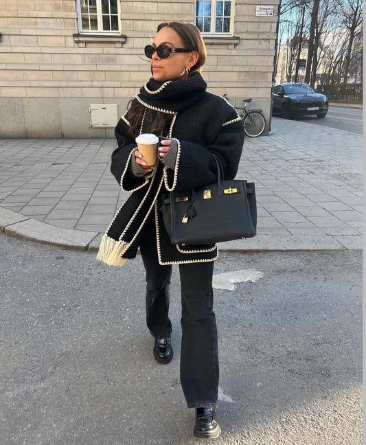 Frakke Dame Varm Kort Oversize med Tørklæde og Kontrastsømme i Uldlook Jakke