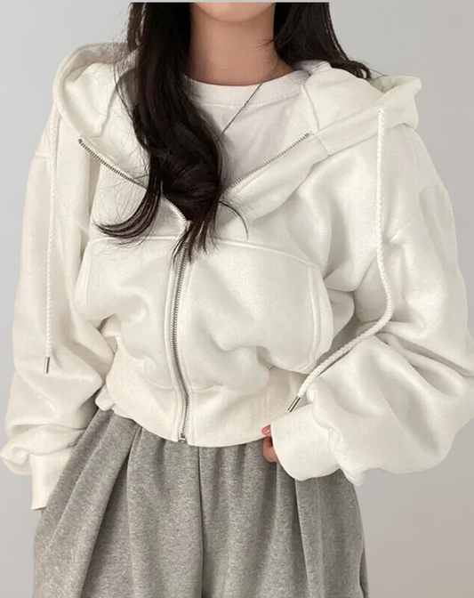 Hættetrøje Dame Kort Oversize med Lynlås, Snøre og Kængurulommer Zip Hoodie
