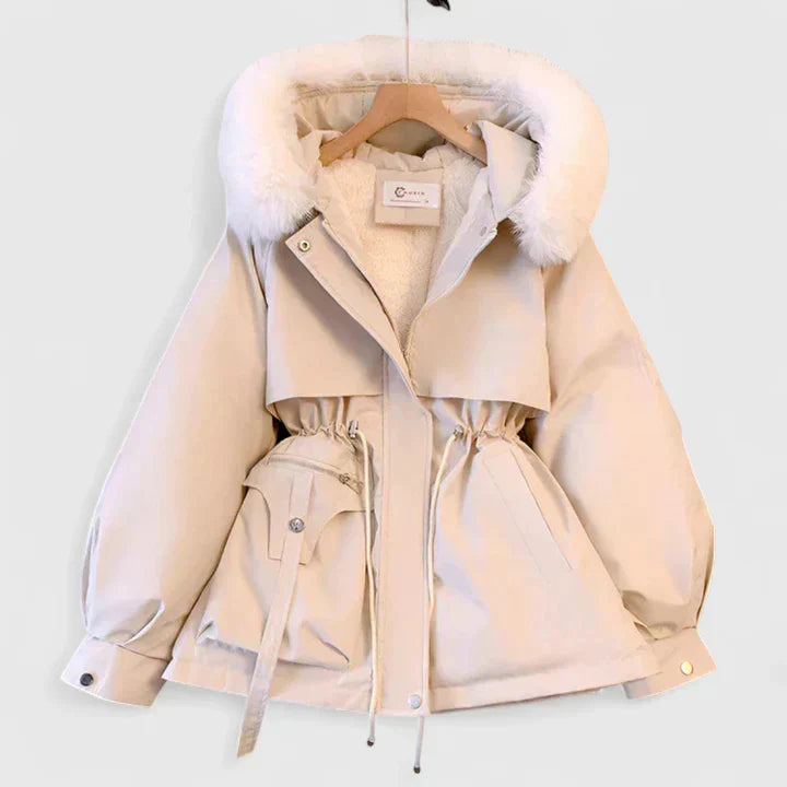 Vinterjakke Dame Kort Varm Parka med Teddyfor og Pels på Hætten