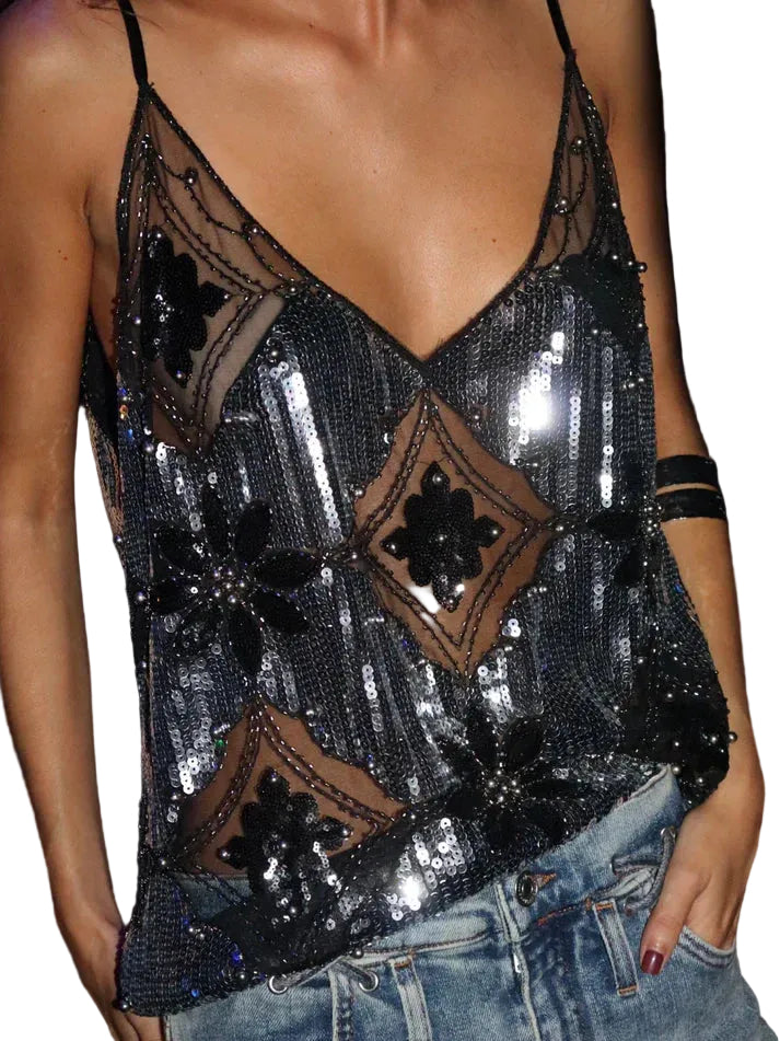 Glitter paillettop damer – mesh festtop med perler til aften