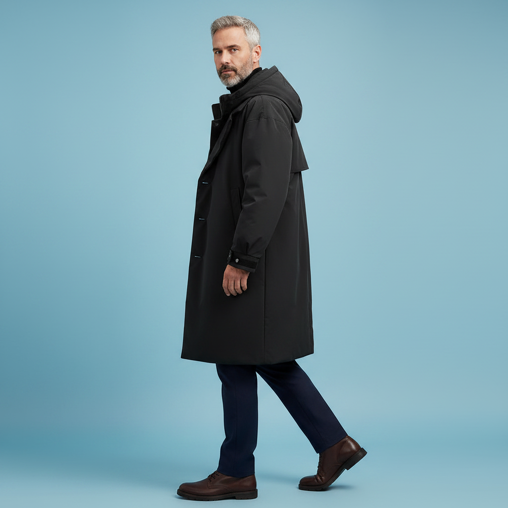 Stilfuld lang trenchcoat med hætte til mænd