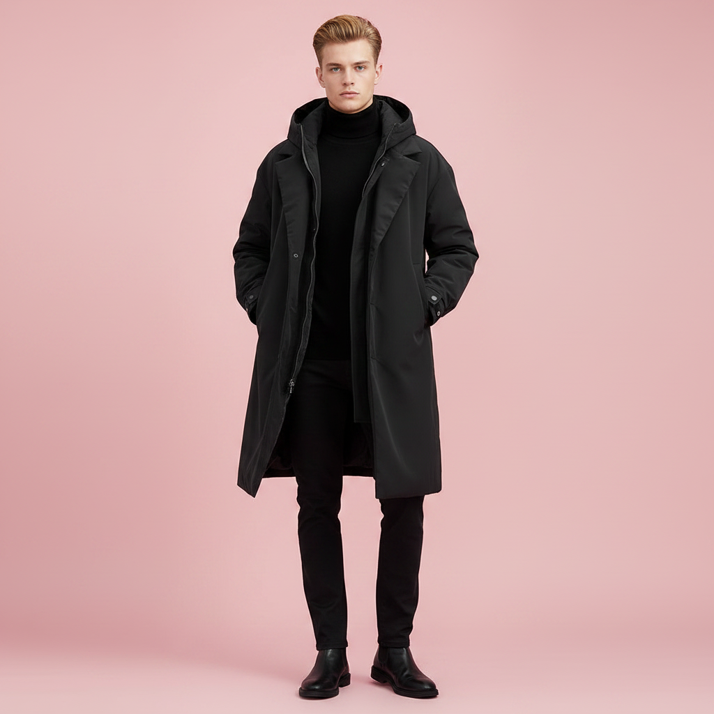 Stilfuld lang trenchcoat med hætte til mænd