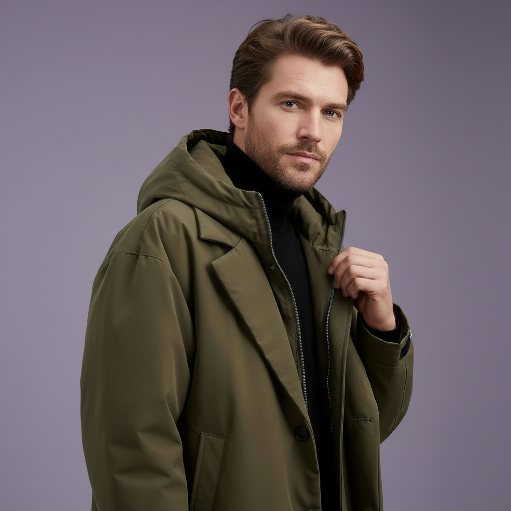 Stilfuld lang trenchcoat med hætte til mænd