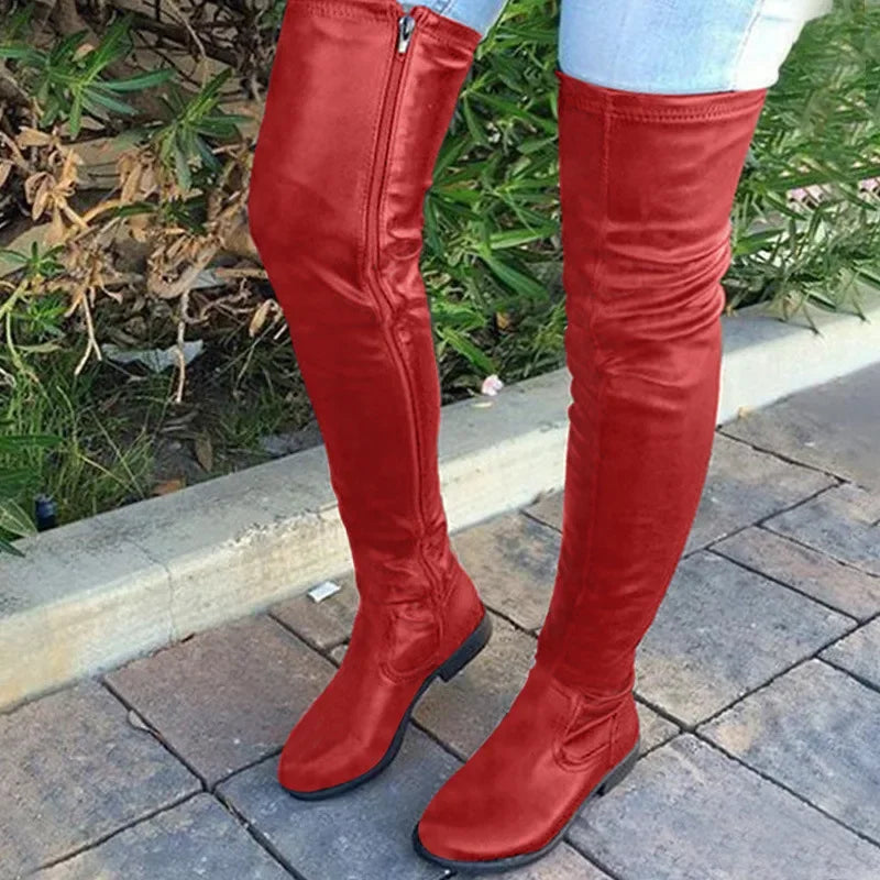 Overknee Støvler Dame Flade med Lynlås og Lav Hæl i Læderlook Lange Støvler
