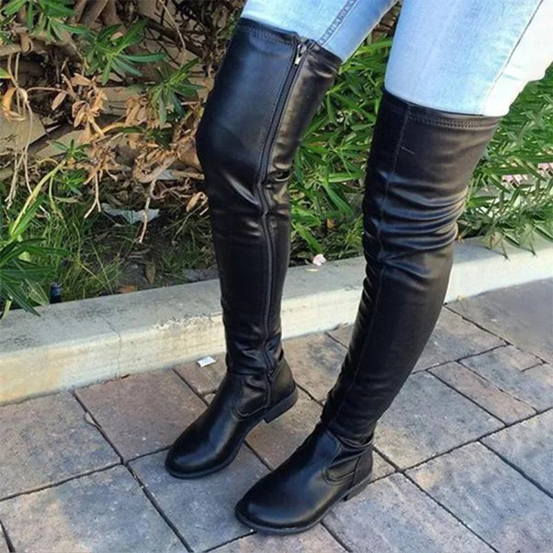 Overknee Støvler Dame Flade med Lynlås og Lav Hæl i Læderlook Lange Støvler
