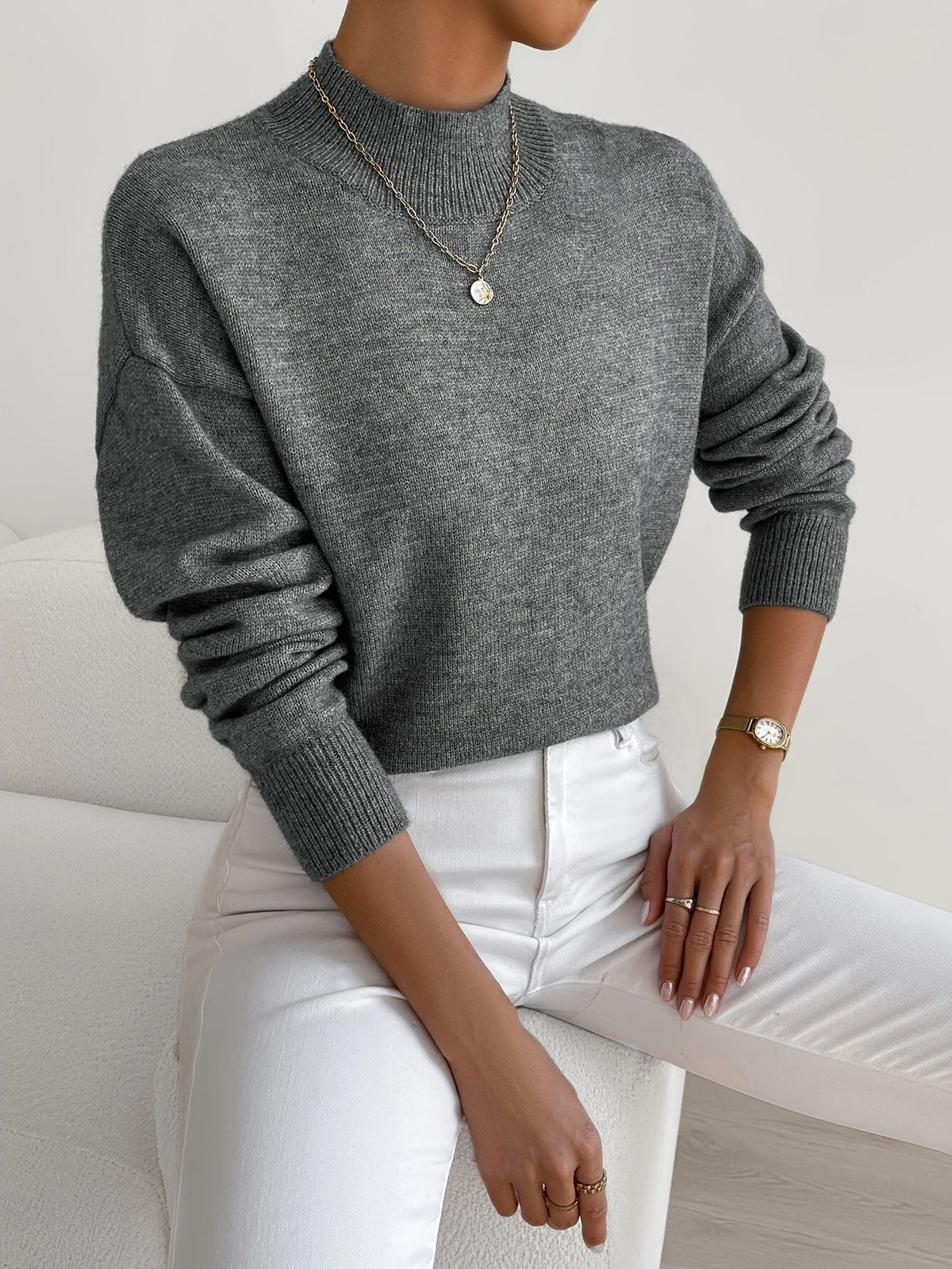 Striktrøje Dame Varm Blød med Høj Hals og Sænkede Skuldre Sweater