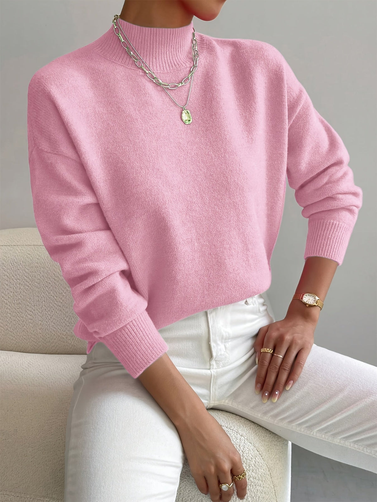 Striktrøje Dame Varm Blød med Høj Hals og Sænkede Skuldre Sweater