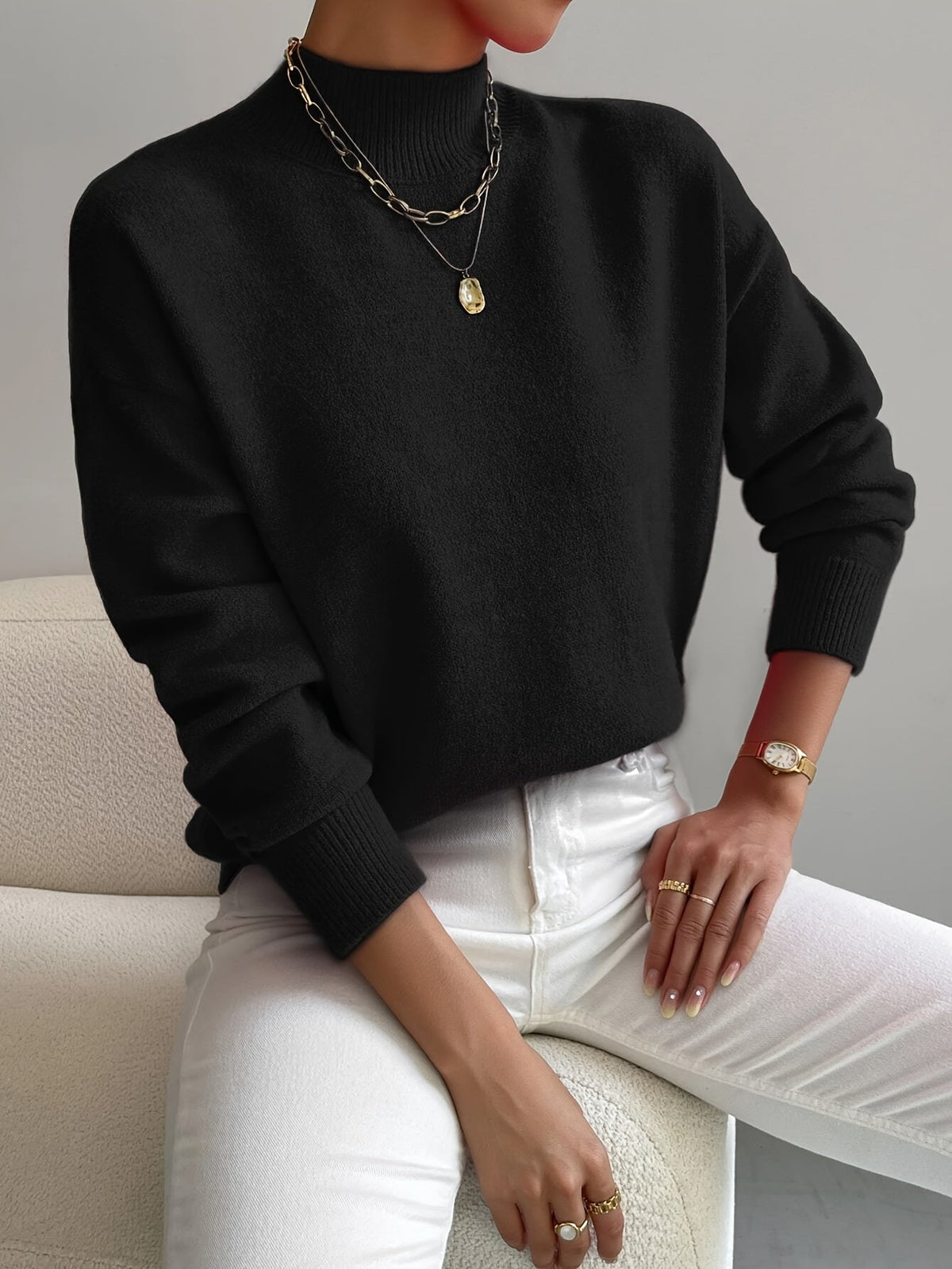 Striktrøje Dame Varm Blød med Høj Hals og Sænkede Skuldre Sweater