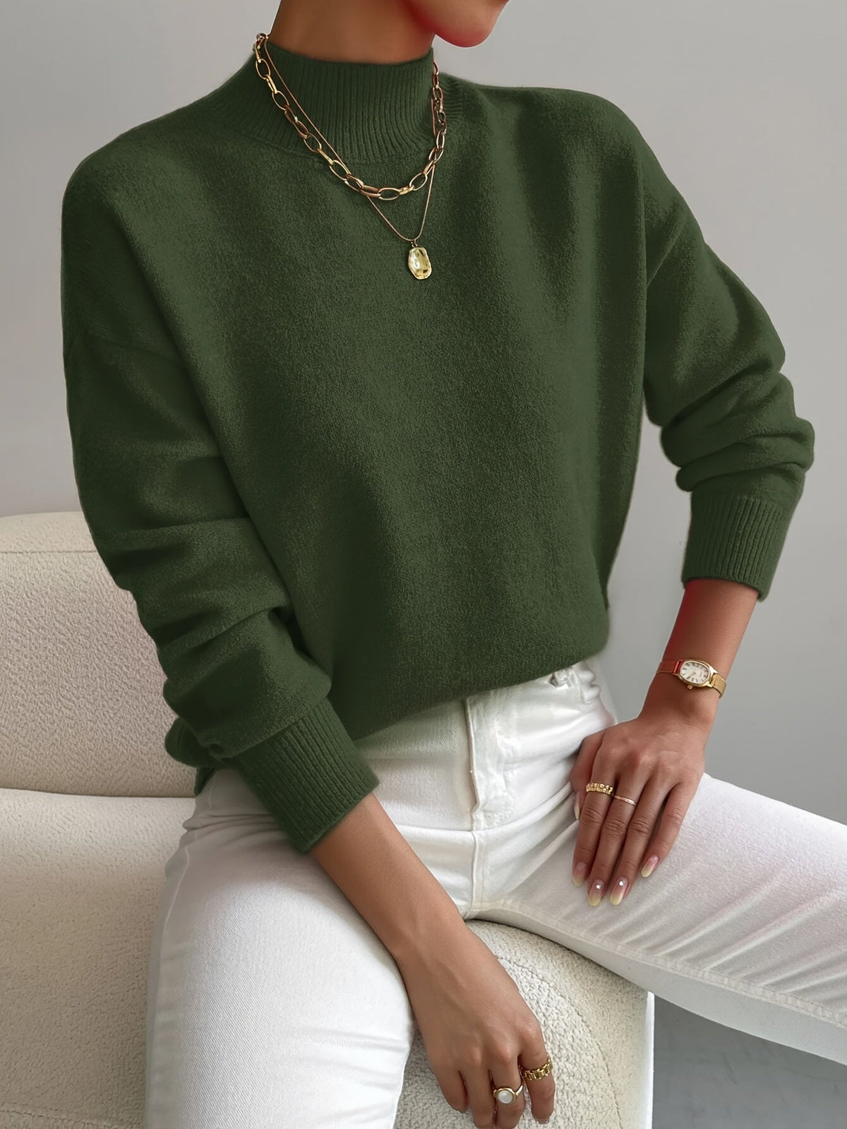 Striktrøje Dame Varm Blød med Høj Hals og Sænkede Skuldre Sweater