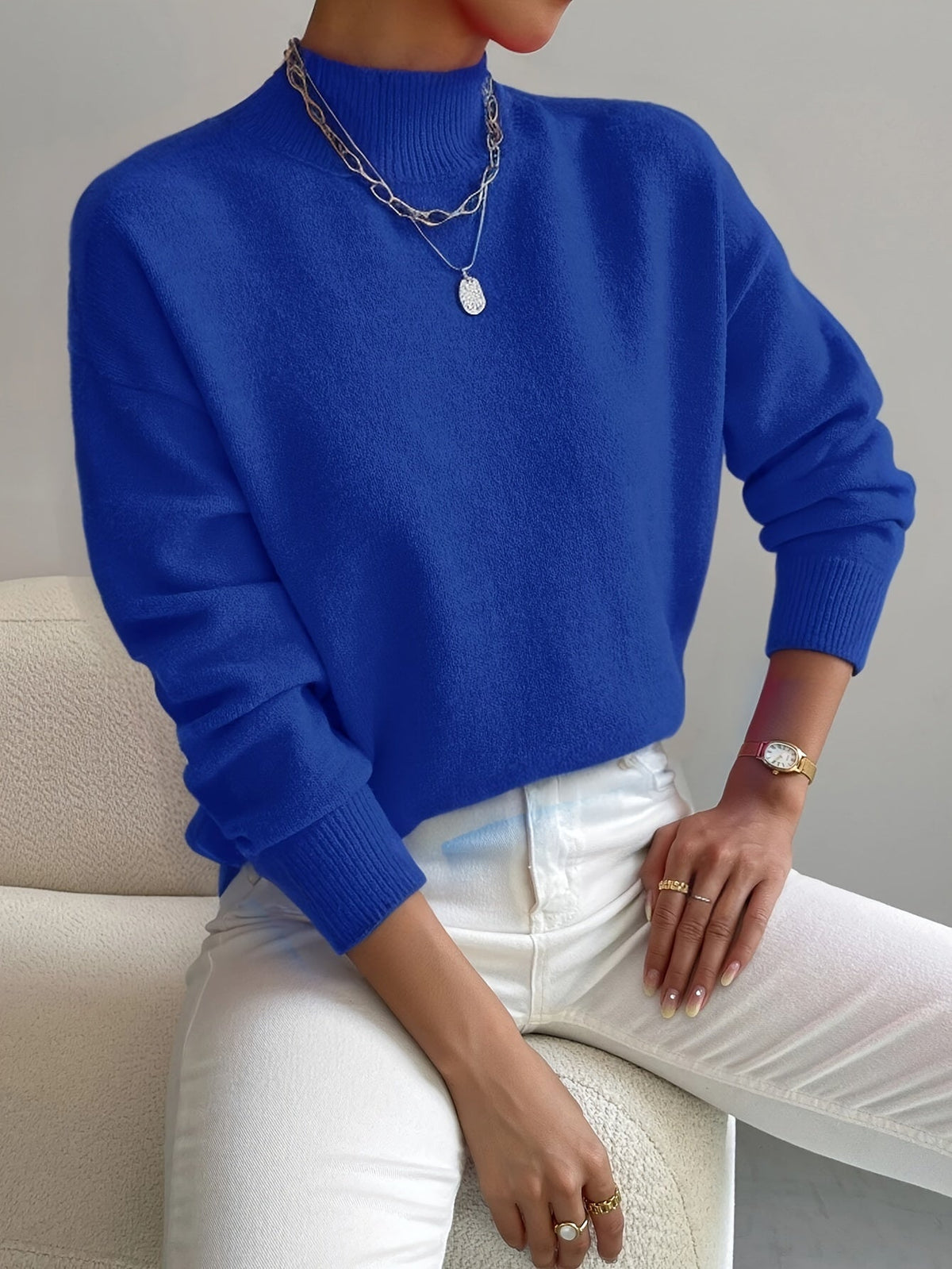 Striktrøje Dame Varm Blød med Høj Hals og Sænkede Skuldre Sweater