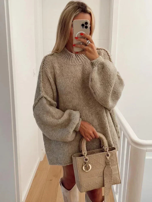 Striktrøje Dame Varm Oversize Grovstrikket med Ballonærmer og Høj Hals Sweater