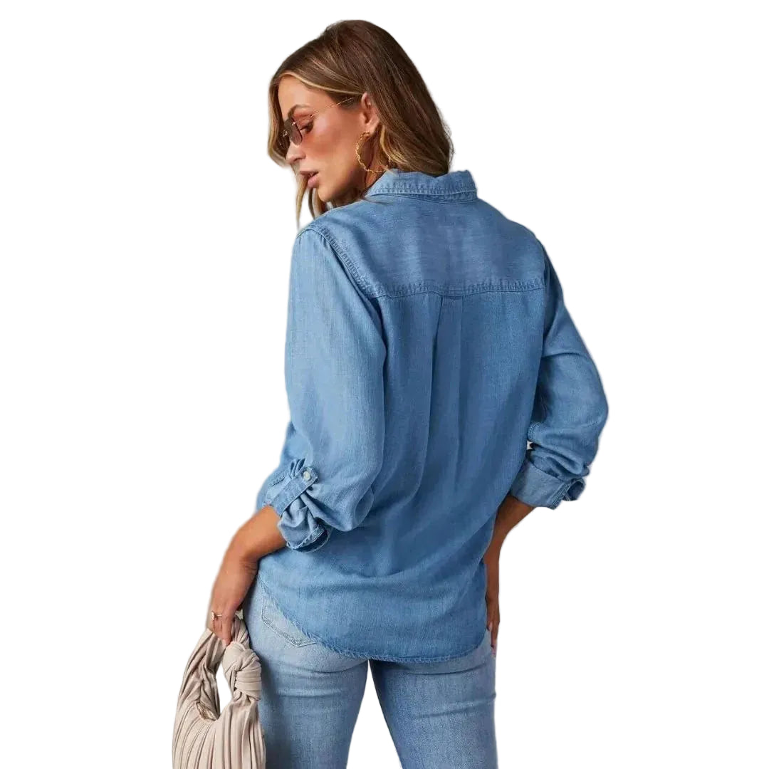 Denim skjorte damer – afslappet pasform med lange ærmer og knapper
