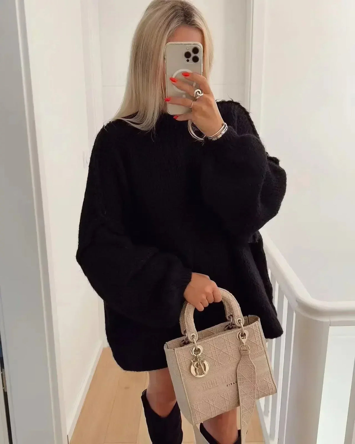 Striktrøje Dame Varm Oversize Grovstrikket med Ballonærmer og Høj Hals Sweater