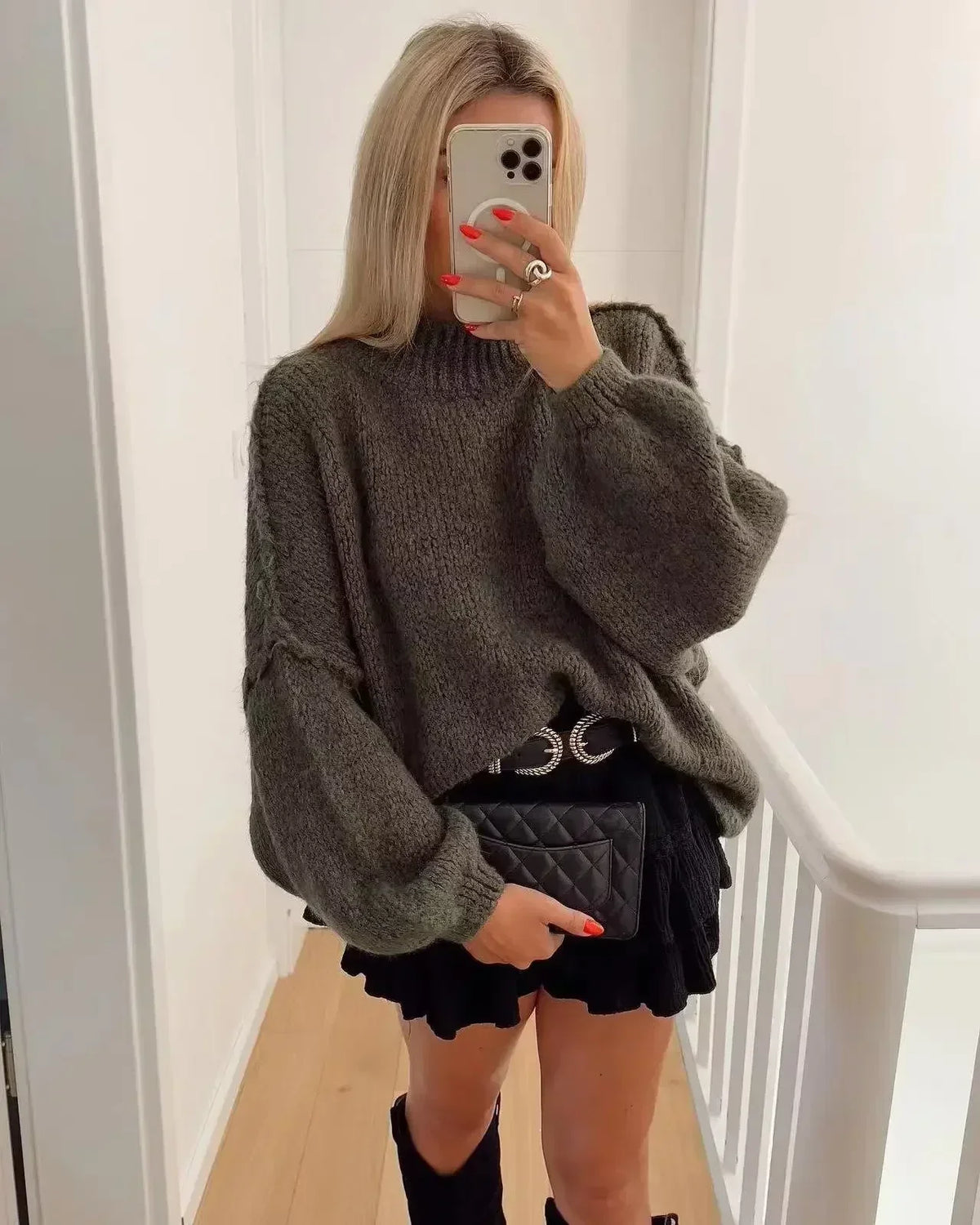 Striktrøje Dame Varm Oversize Grovstrikket med Ballonærmer og Høj Hals Sweater