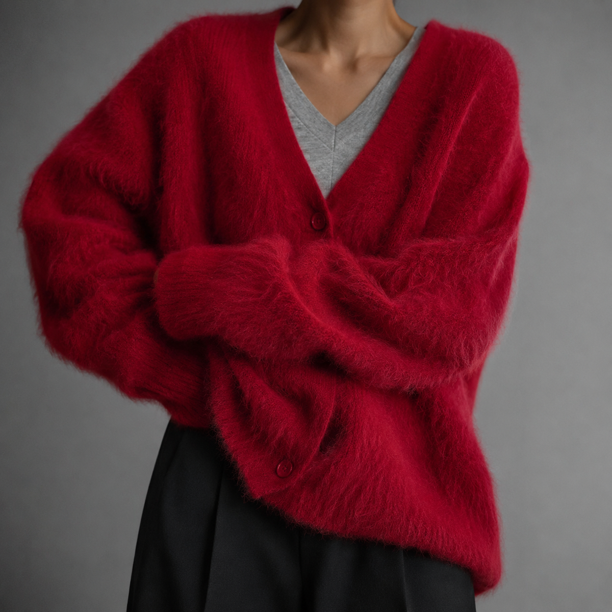 Strik Cardigan Dame Varm Luftig Oversize med V-hals og Knapper Striktrøje