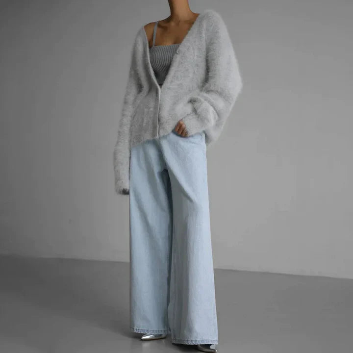 Strik Cardigan Dame Varm Luftig Oversize med V-hals og Knapper Striktrøje