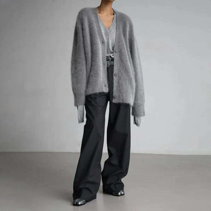 Strik Cardigan Dame Varm Luftig Oversize med V-hals og Knapper Striktrøje