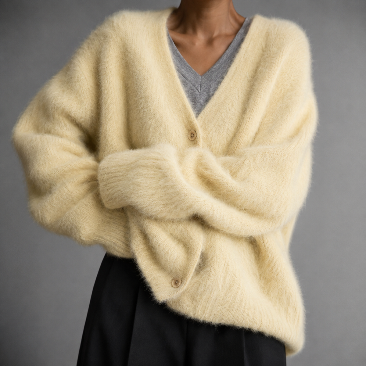Strik Cardigan Dame Varm Luftig Oversize med V-hals og Knapper Striktrøje