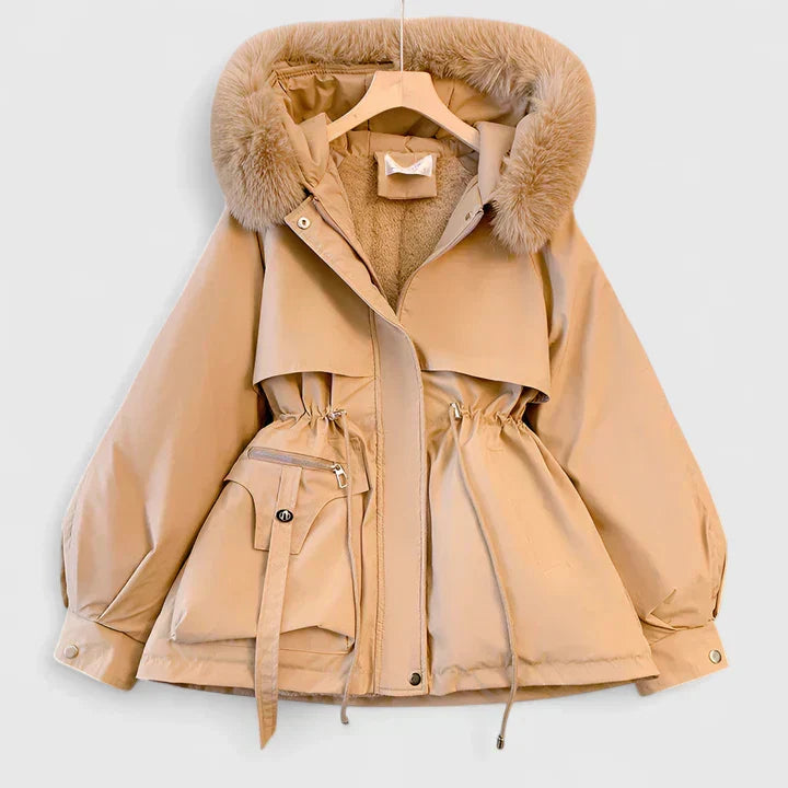 Vinterjakke Dame Kort Varm Parka med Teddyfor og Pels på Hætten