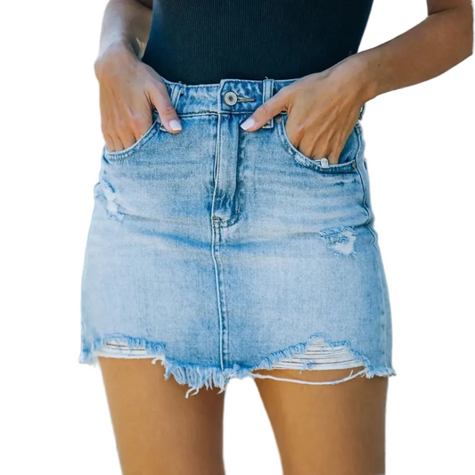 Denim mininederdel damer – høj talje stretch med rå kant