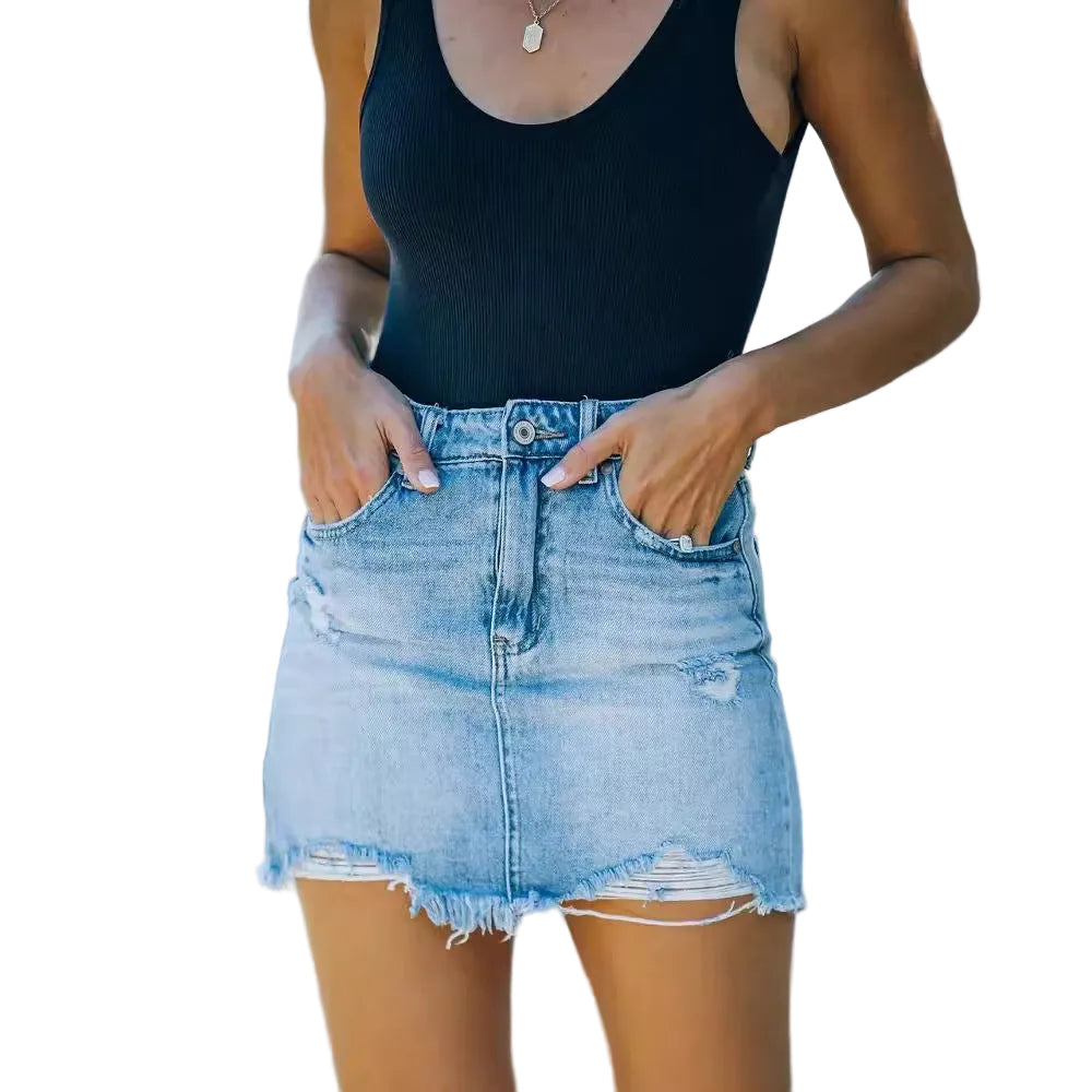 Denim mininederdel damer – høj talje stretch med rå kant