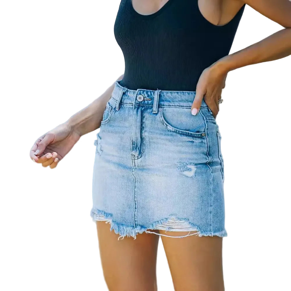 Denim mininederdel damer – høj talje stretch med rå kant