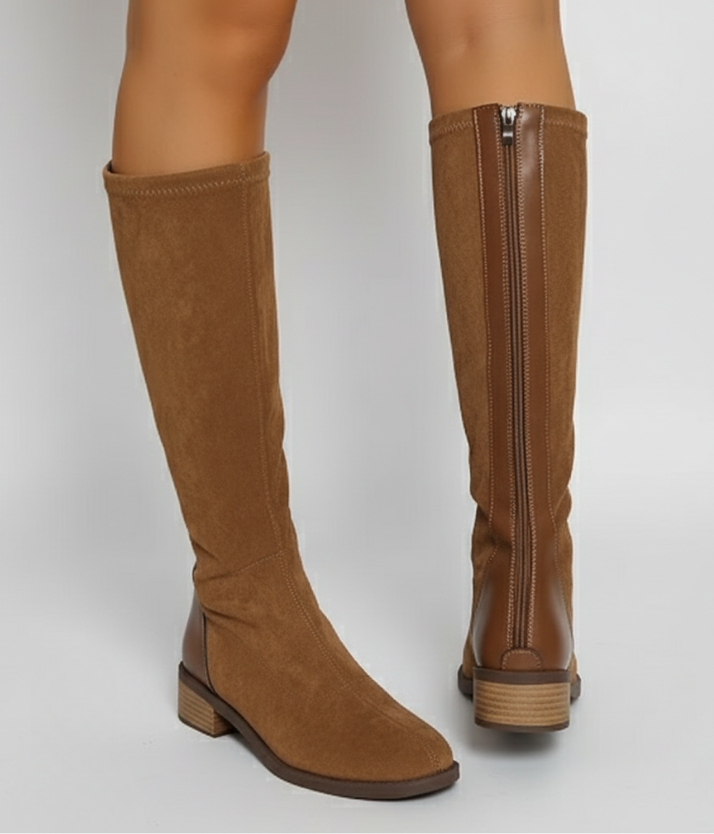 Women’s Camel Knee-High Boots – Classic Suede Look with Block Heel