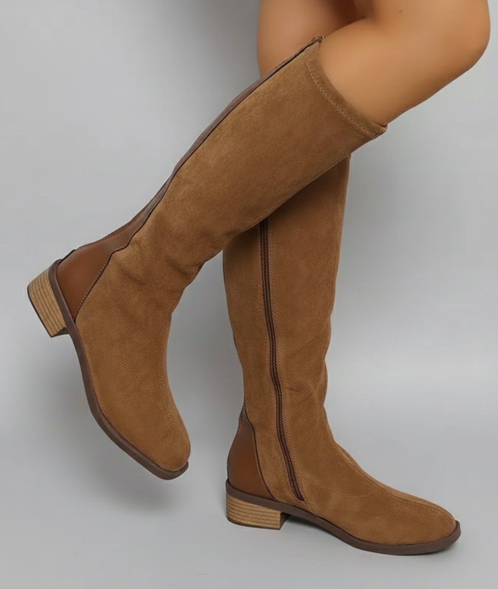 Women’s Camel Knee-High Boots – Classic Suede Look with Block Heel