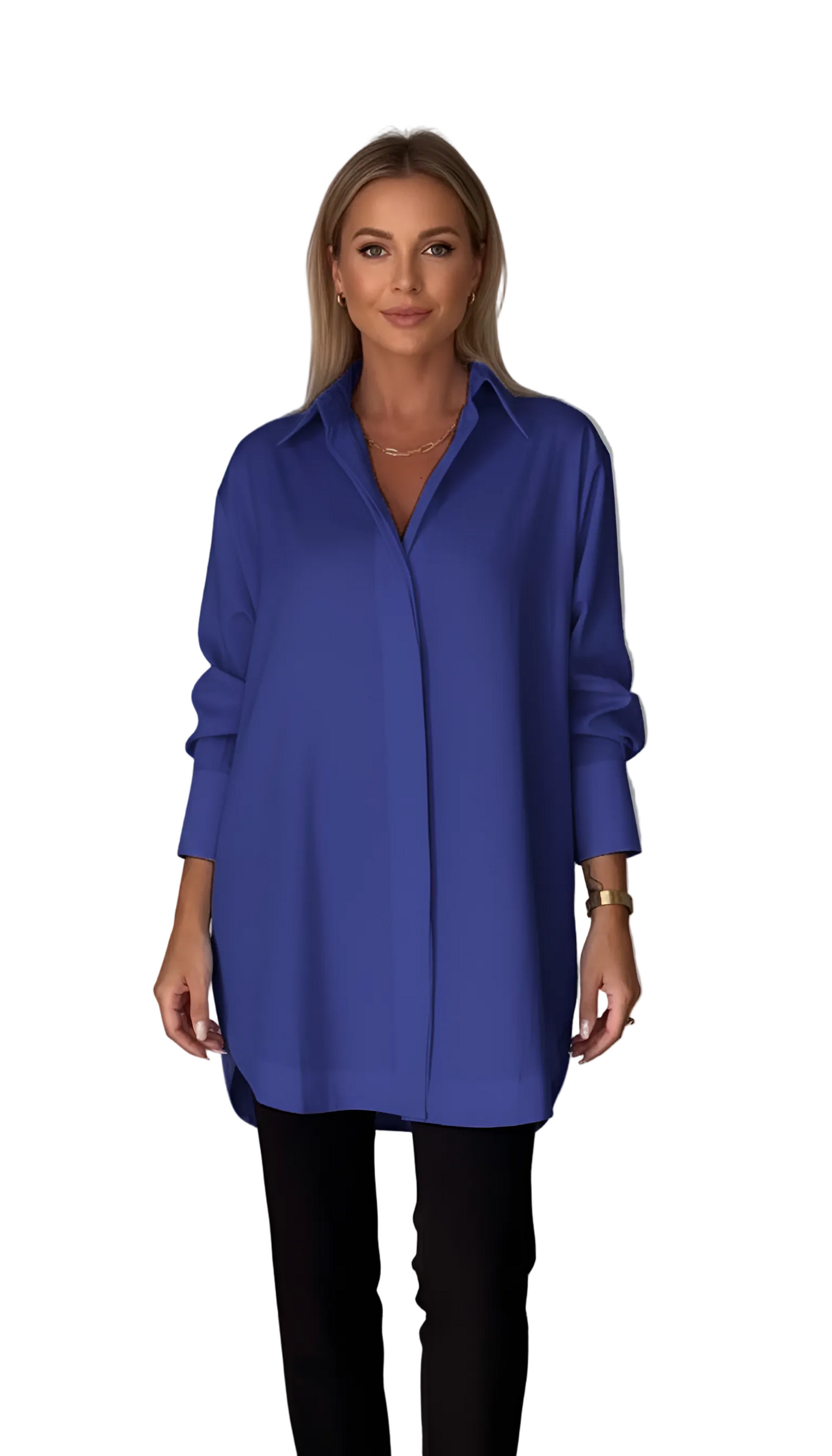 Woman wearing a blue shirt and black pants against a gray background