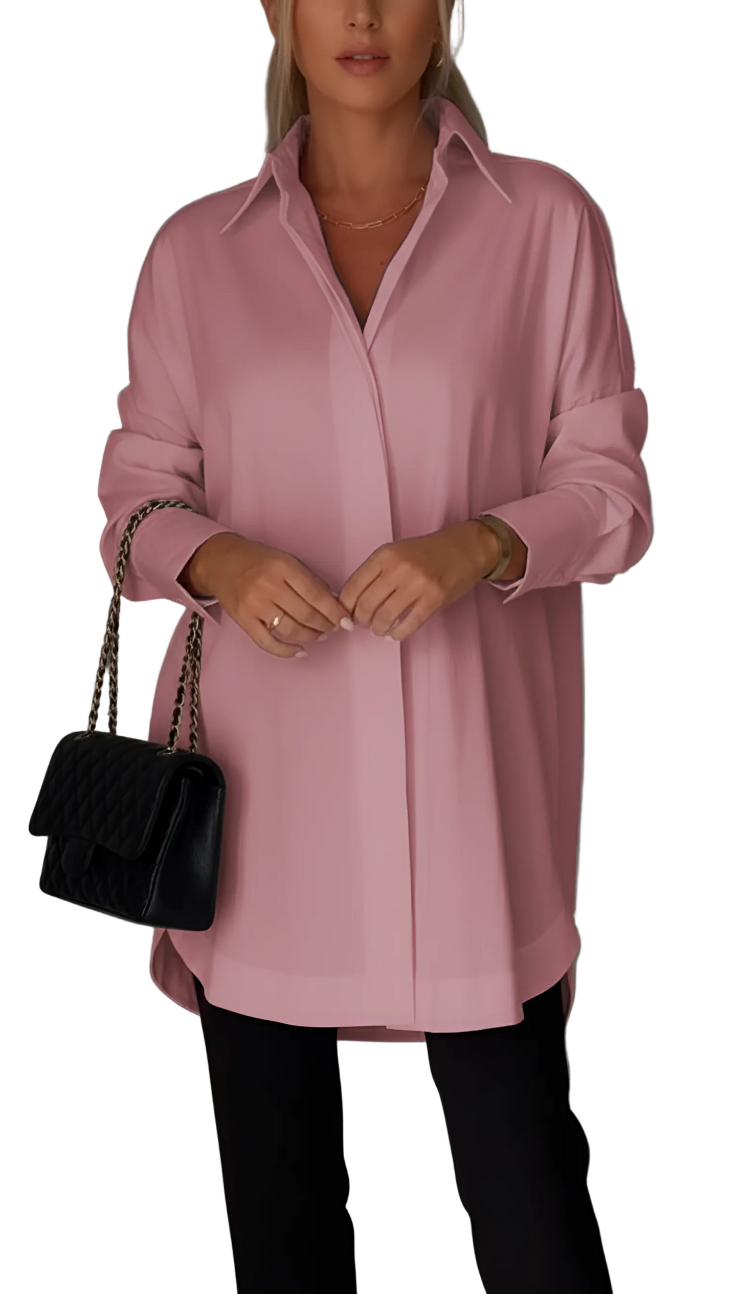 Person wearing a pink shirt with a black handbag on a gray background