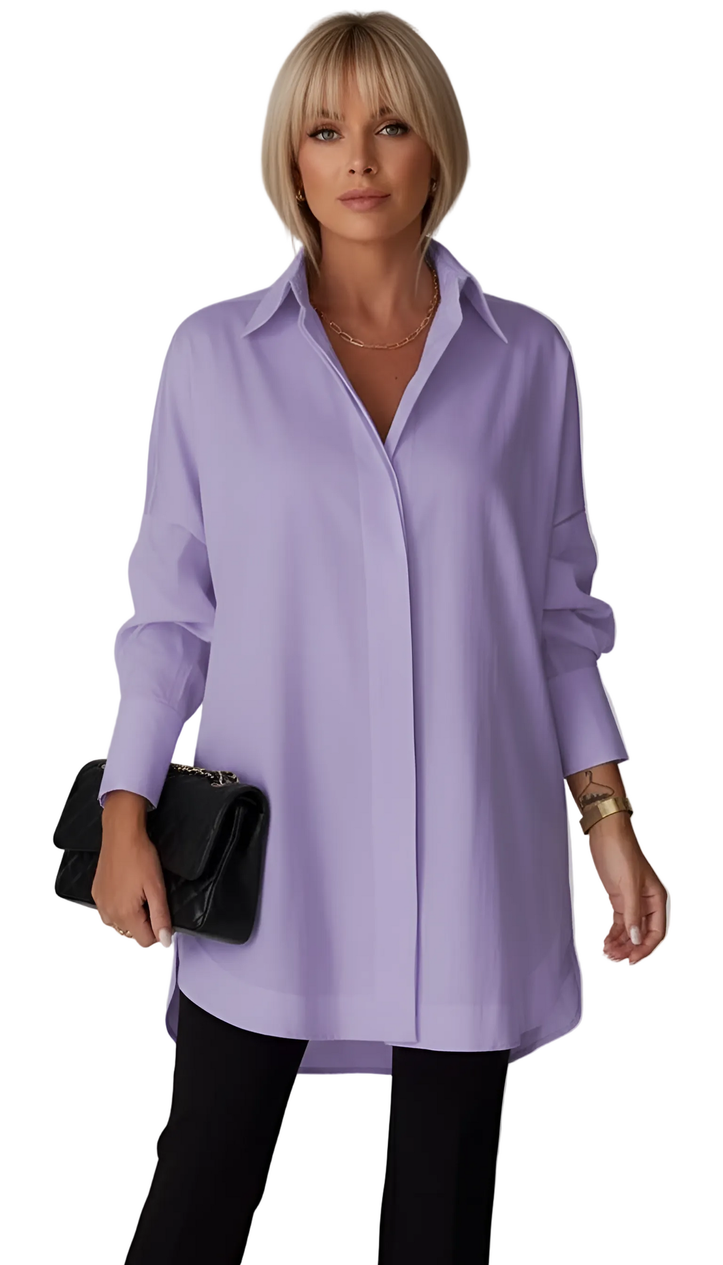 Woman wearing a light purple shirt with a black clutch against a gray background