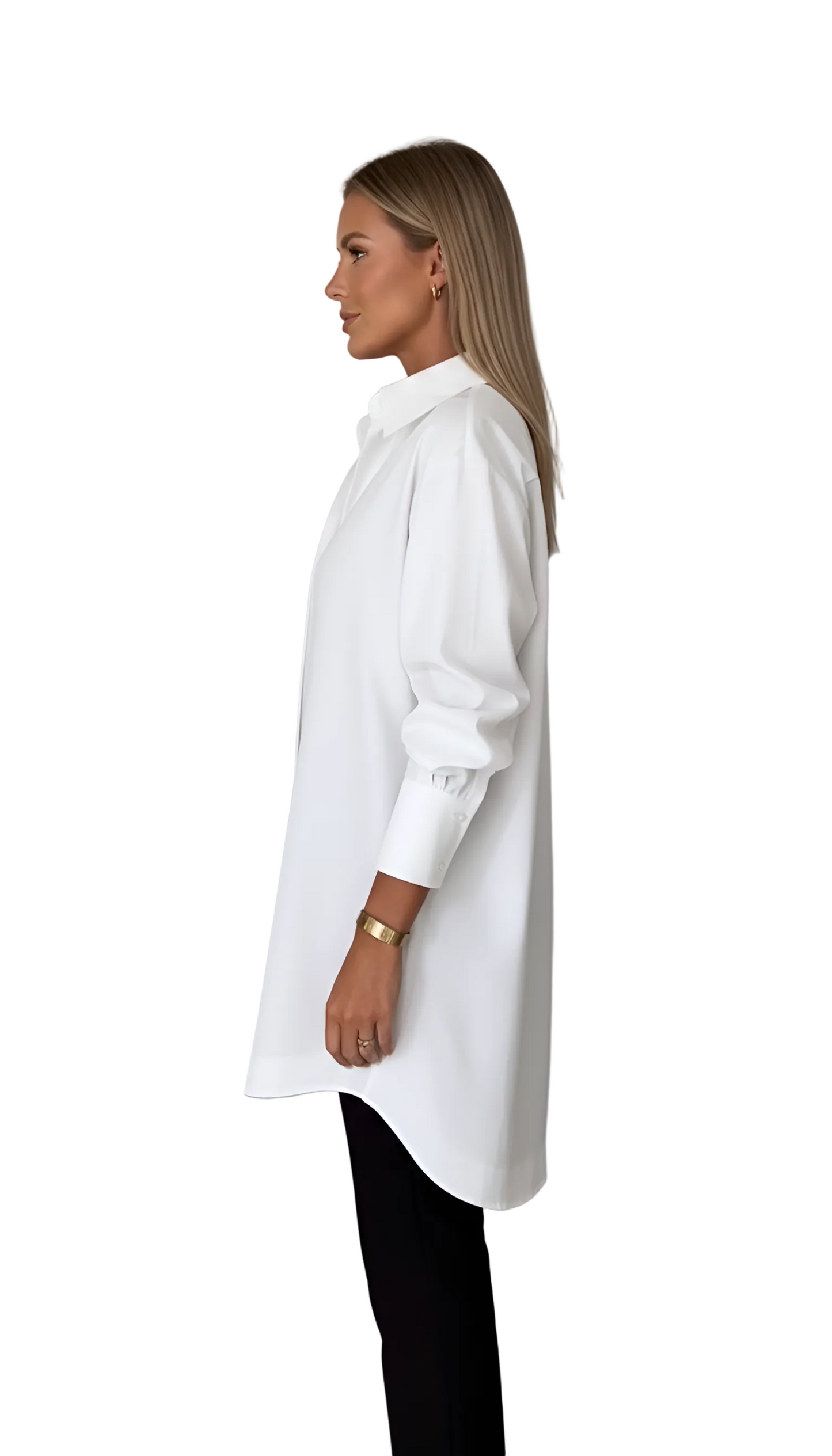 Woman wearing a white long-sleeve shirt against a plain background