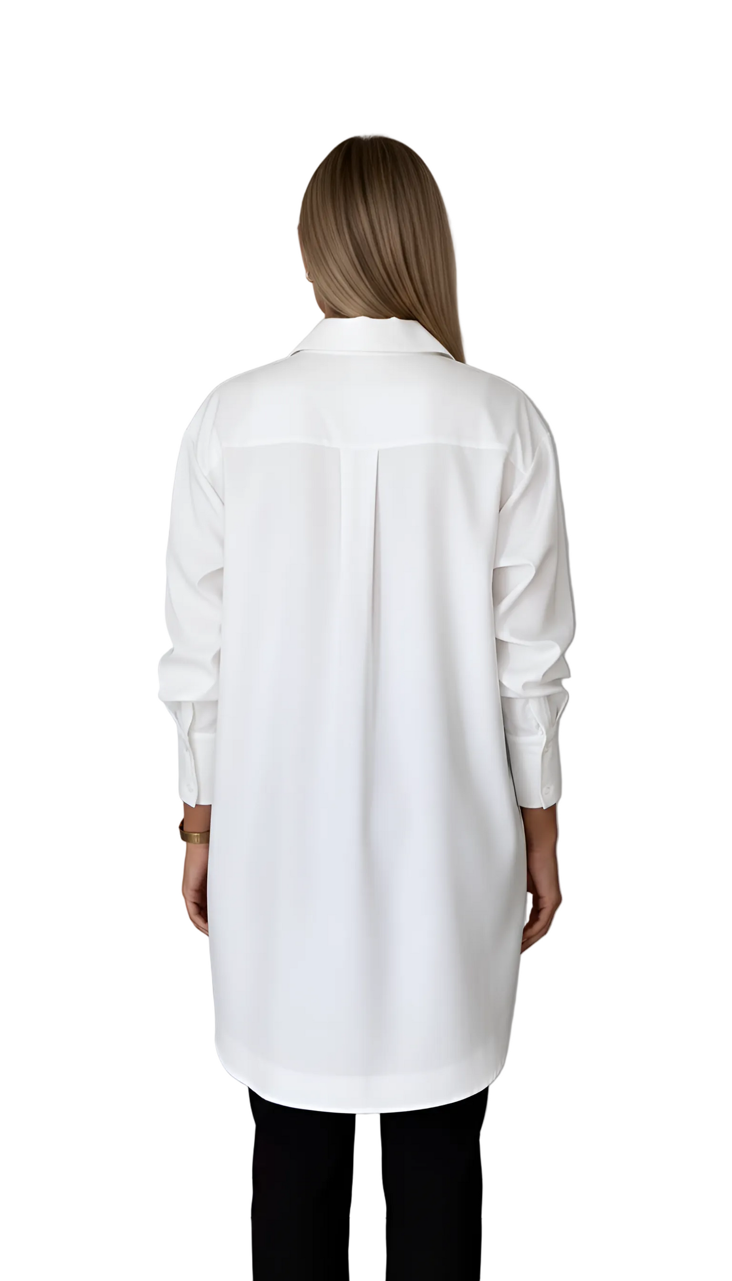 Person wearing a long white shirt against a plain background