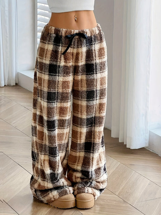 Bruna Hyggebukser Dame Varme Ternede i Teddy med Bindebånd og Brede Ben Fleece Bukser