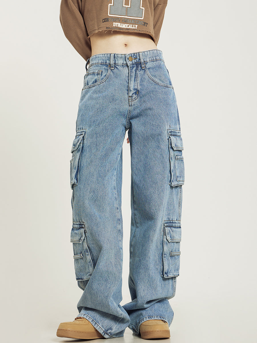 Jeans Dame Baggy Cargo Cowboybukser med Store Sidelommer og Brede Ben