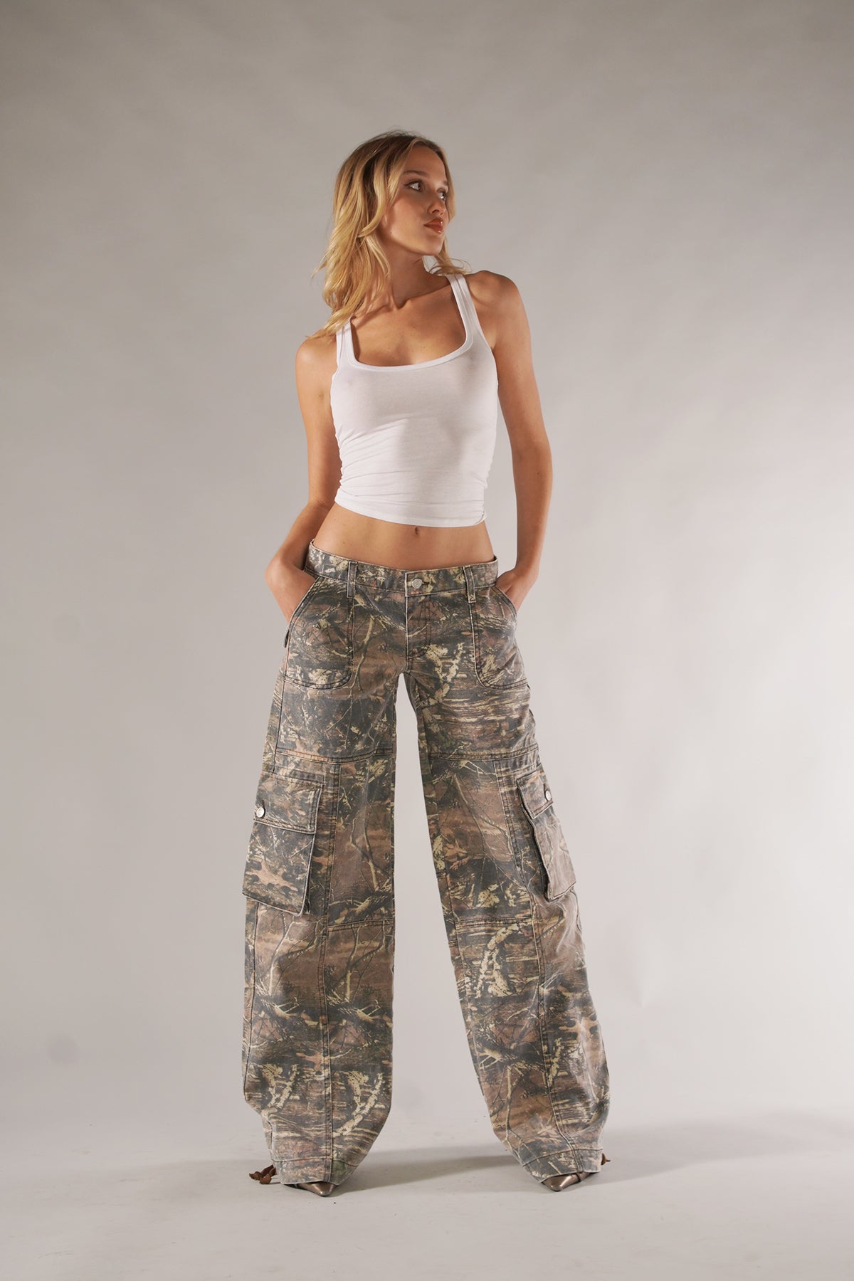 Camouflage Cargo Bukser Dame Baggy med Lav Talje og Store Sidelommer
