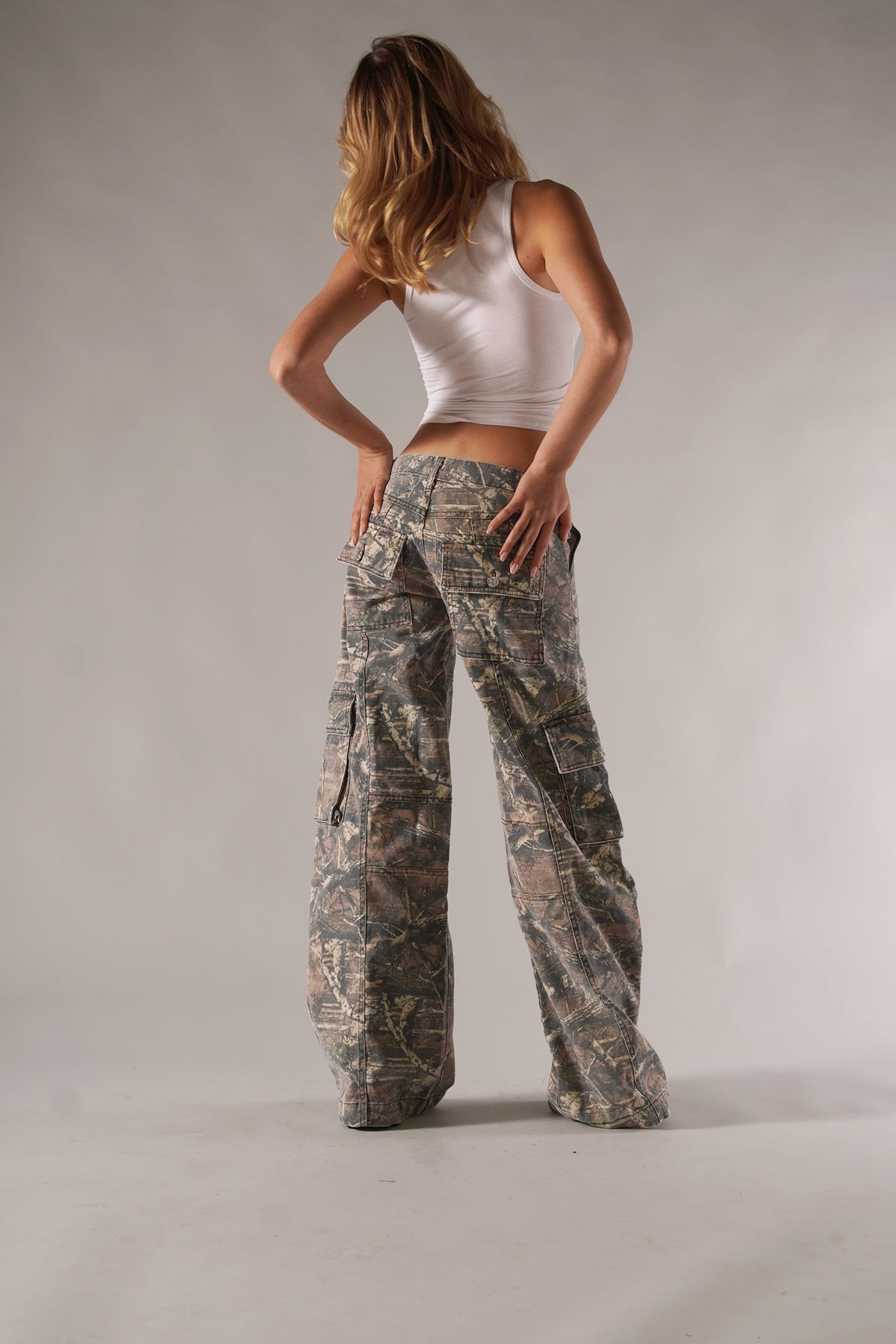 Camouflage Cargo Bukser Dame Baggy med Lav Talje og Store Sidelommer