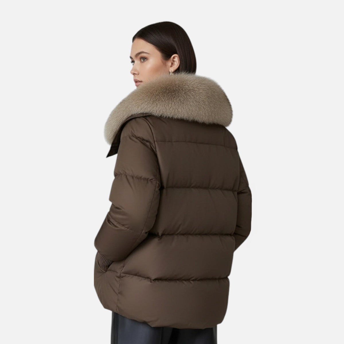 Vinterjakke Dame Kort Varm Quiltet med Pelskrave og Knebelknapper