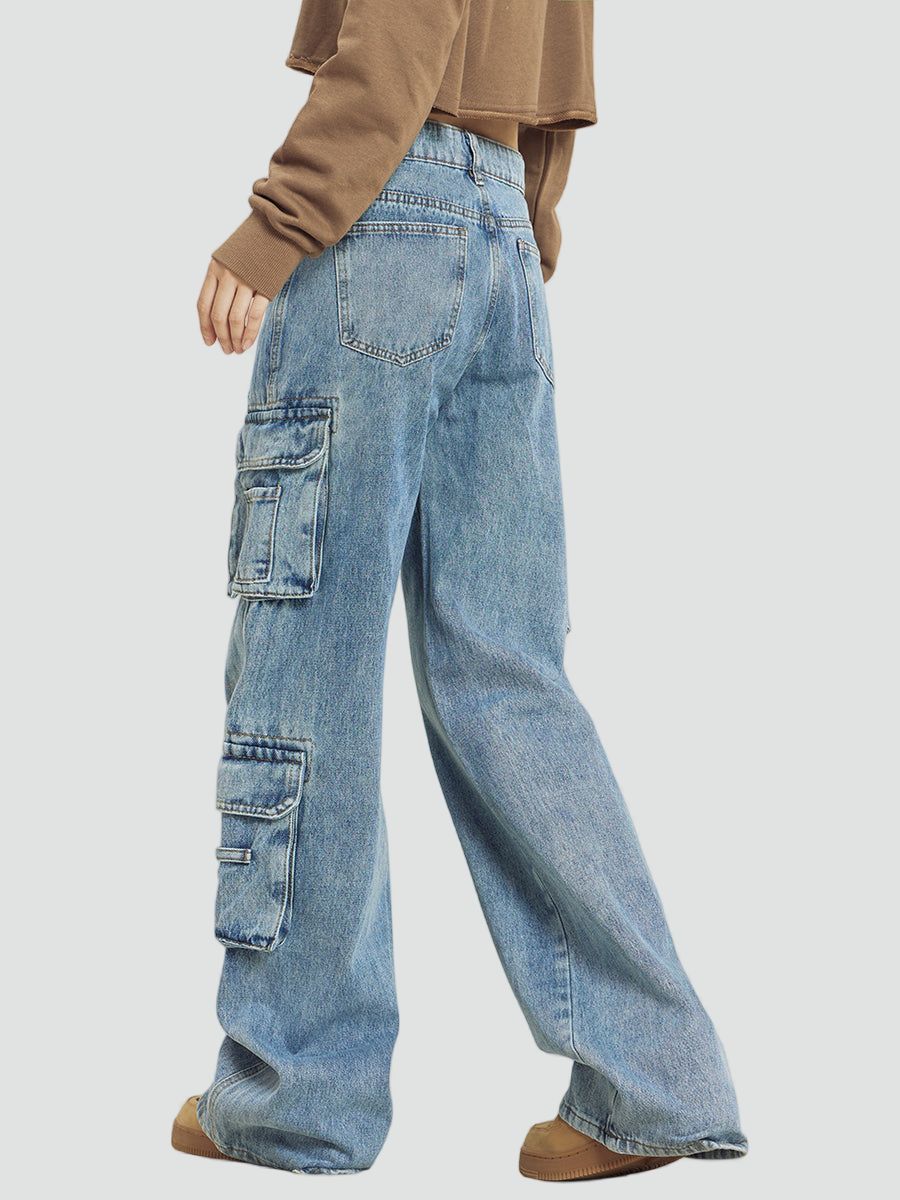 Jeans Dame Baggy Cargo Cowboybukser med Store Sidelommer og Brede Ben