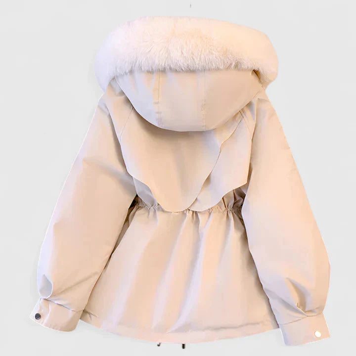 Vinterjakke Dame Kort Varm Parka med Teddyfor og Pels på Hætten
