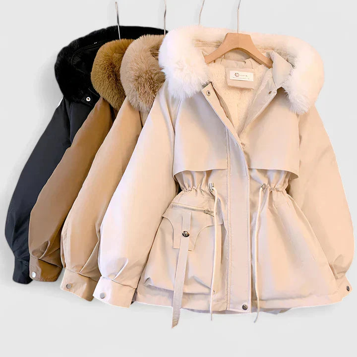 Vinterjakke Dame Kort Varm Parka med Teddyfor og Pels på Hætten