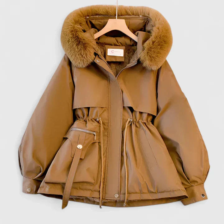 Vinterjakke Dame Kort Varm Parka med Teddyfor og Pels på Hætten
