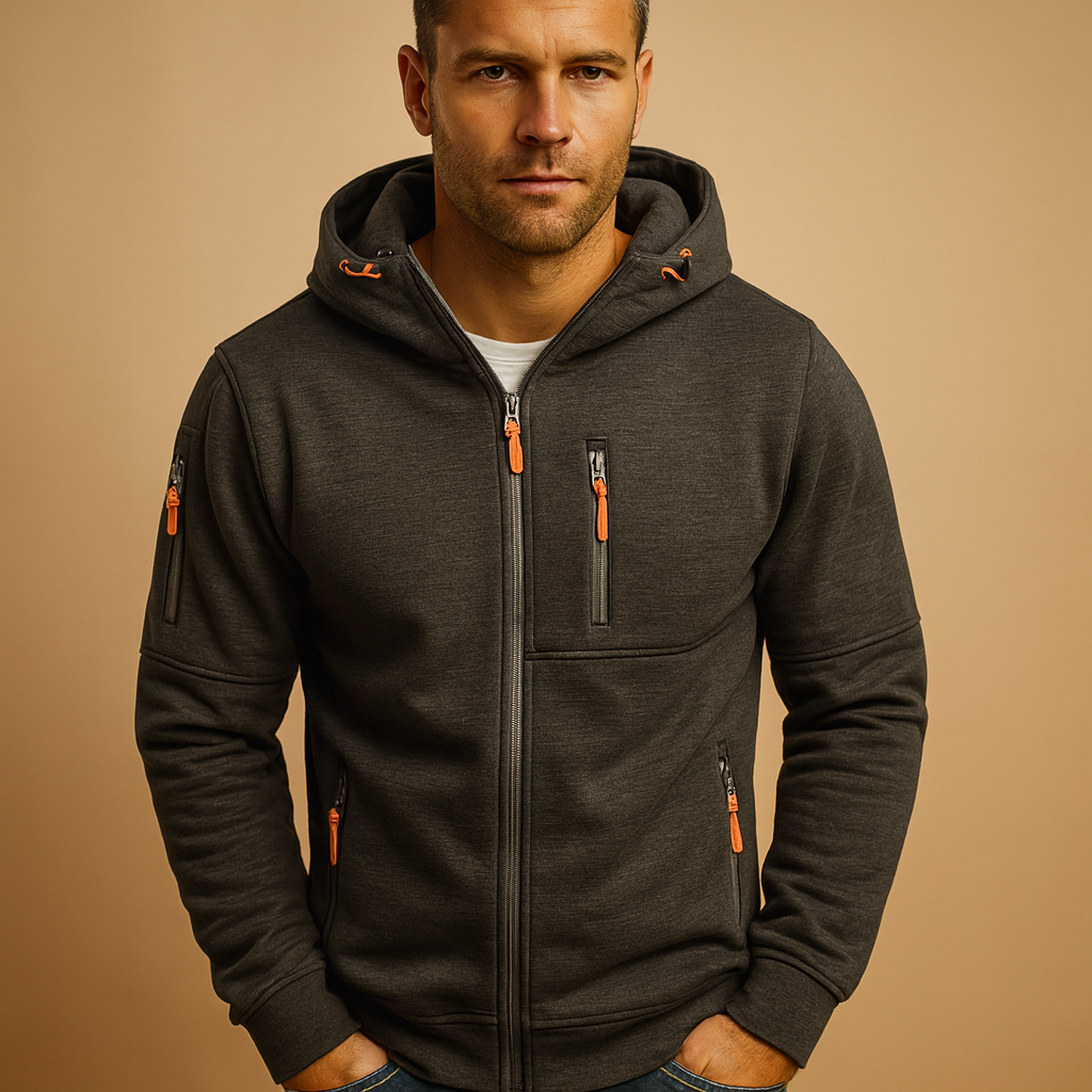Zip Hoodie Herre Varm Sporty med Lynlåslommer på Bryst og Ærme Hættetrøje