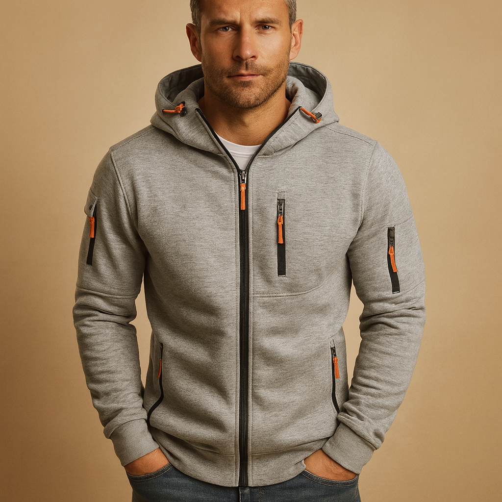 Zip Hoodie Herre Varm Sporty med Lynlåslommer på Bryst og Ærme Hættetrøje