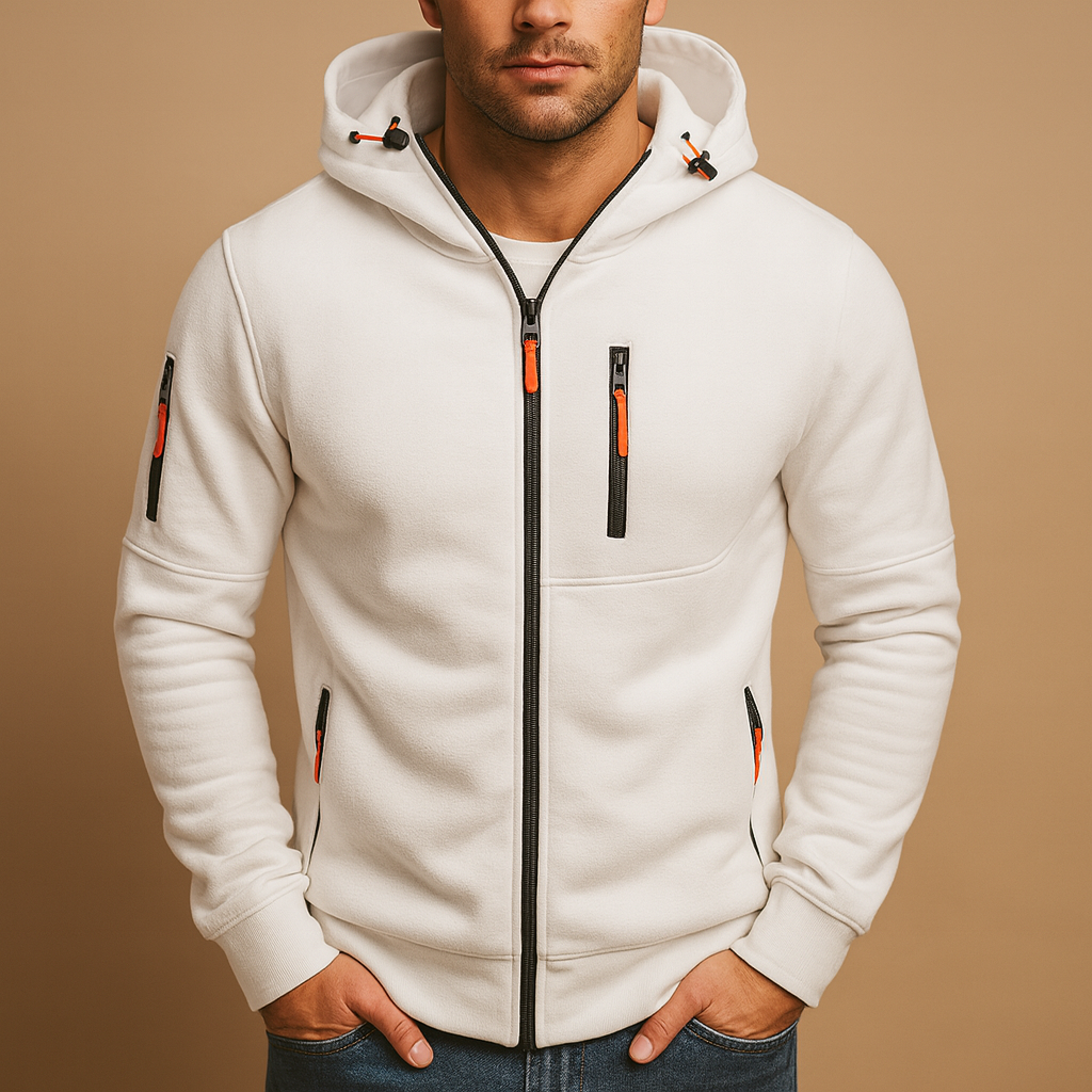 Zip Hoodie Herre Varm Sporty med Lynlåslommer på Bryst og Ærme Hættetrøje