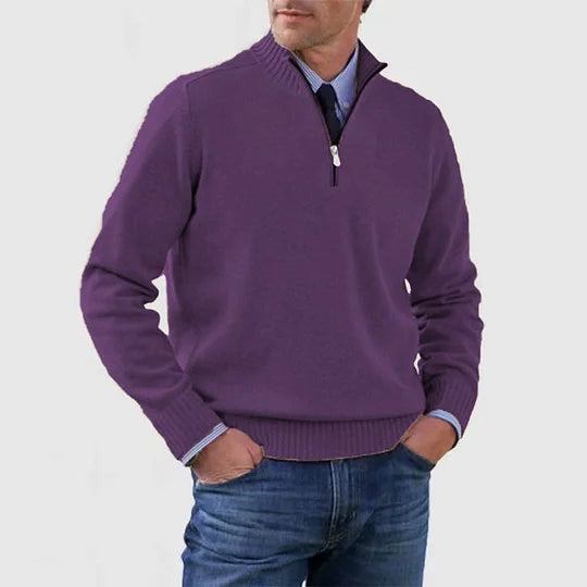Striktrøje Herre Varm Half Zip Sweater med Høj Krave og Ribkanter